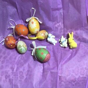 Six vintage paper Easter egg, ornaments, and three funny figurines from estate s